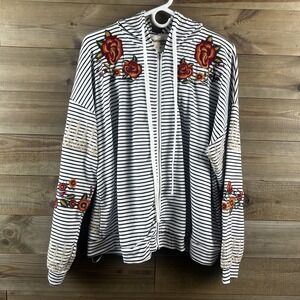 Savanna Jane Womens Shirt Zip Up Hoodie Striped Embroidered Floral Boho 2X